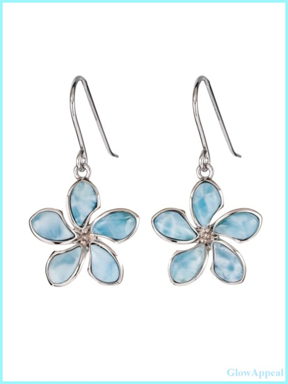 925 Sterling Silver Larimar Plumeria Flower Dangle Hook Earrings Nickle Free